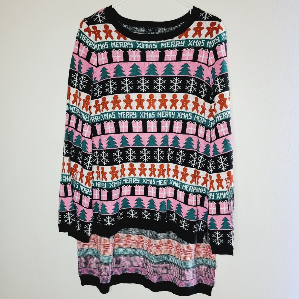 Rue 21 Tunic Sweater Womens Multicolor Small Christmas Snow Fun Ginger Holiday